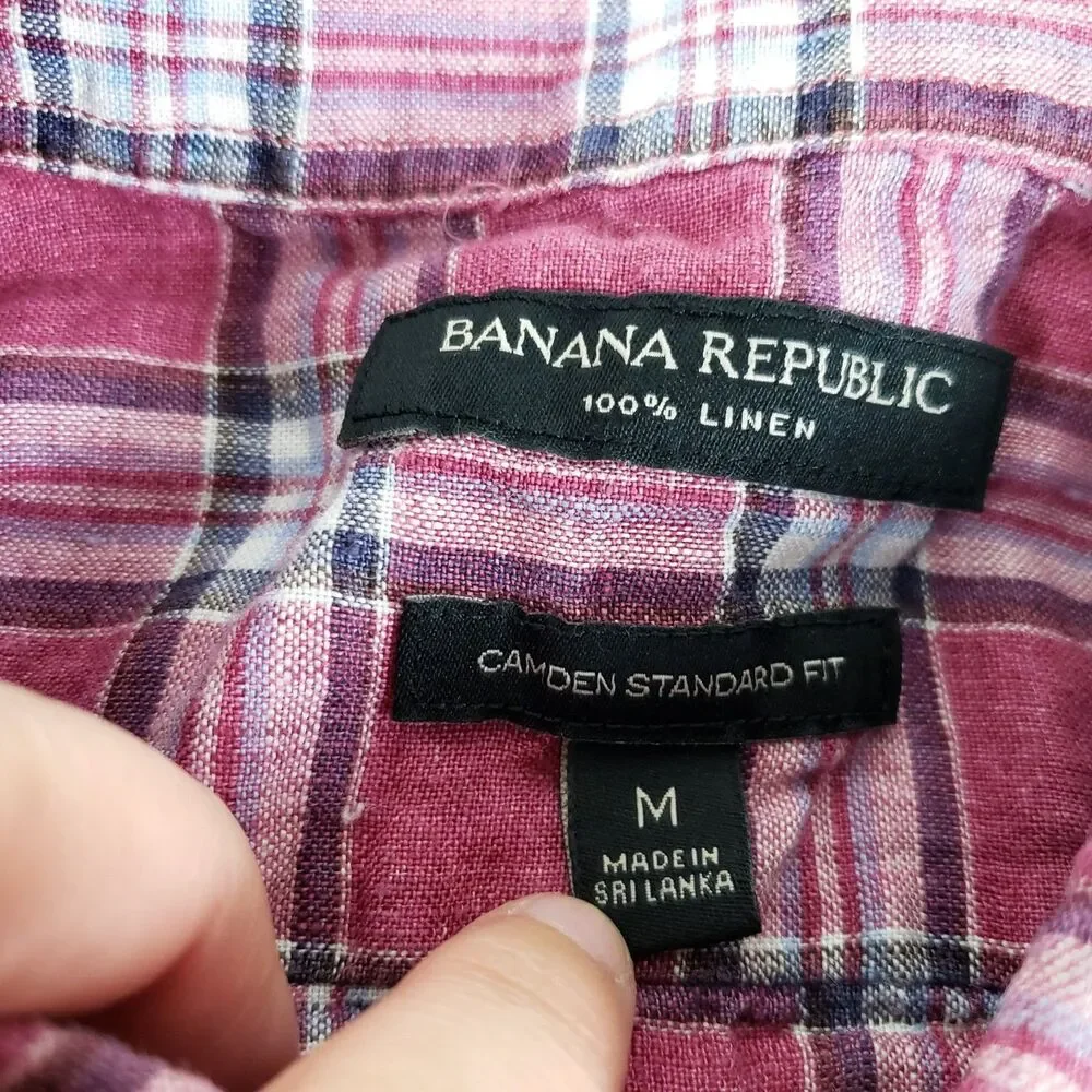 Banana Republic Camden Fit Linen Shirt Red Plaid Mens M Short Sleeve Preppy